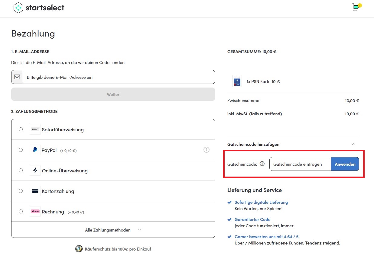 Startselect Gutscheincode einloesen