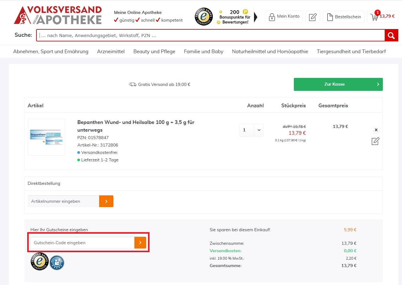 Volksversand Versandapotheke Gutschein-Code einloesen