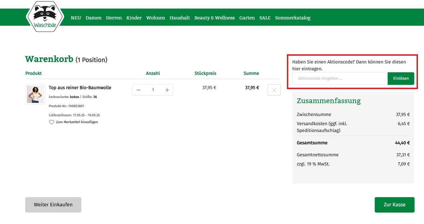 Waschbaer Aktionscode einloesen