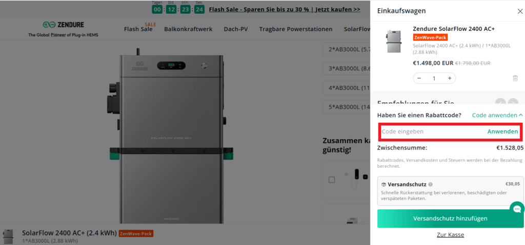 Zendure Rabattcode eingeben