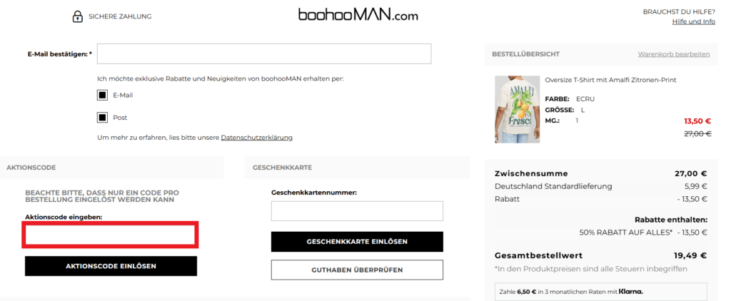 boohooMAN Aktionscode anwenden