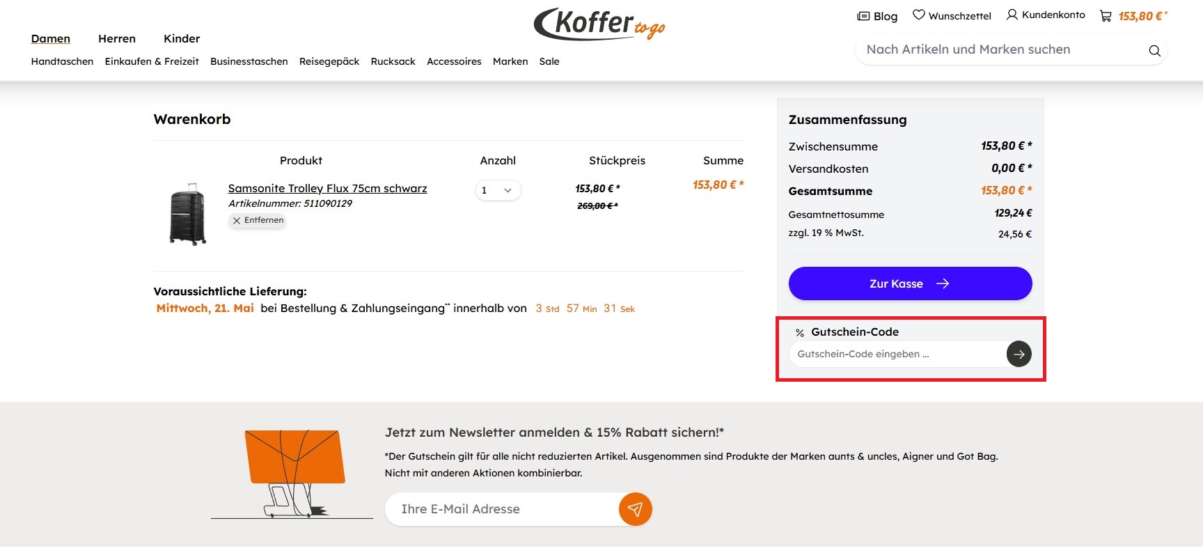 koffer-to-go Gutschein-Code einloesen