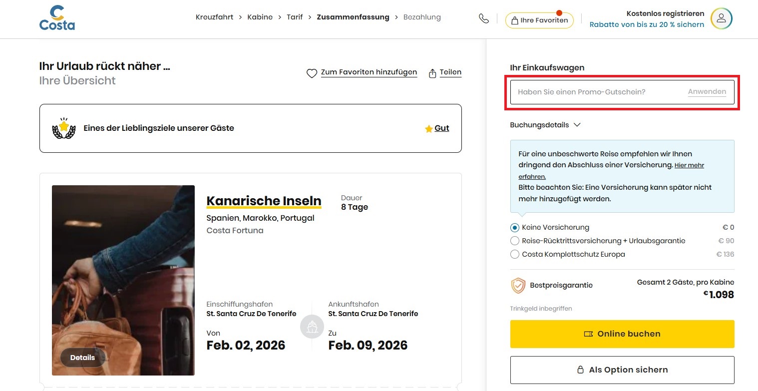 Costa Kreuzfahrten Promo-Gutschein einloesen