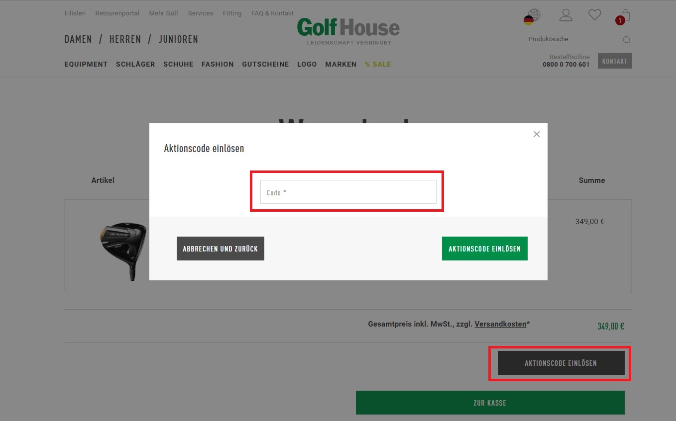 Golf House Aktionscode einloesen