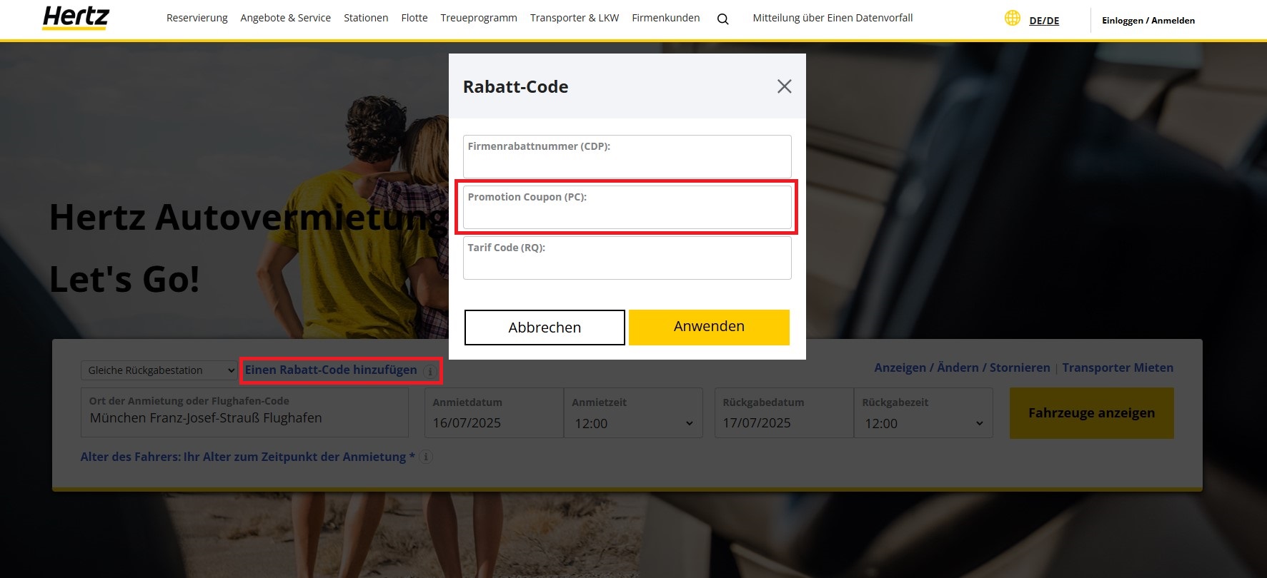 Hertz Rabatt-Code einloesen