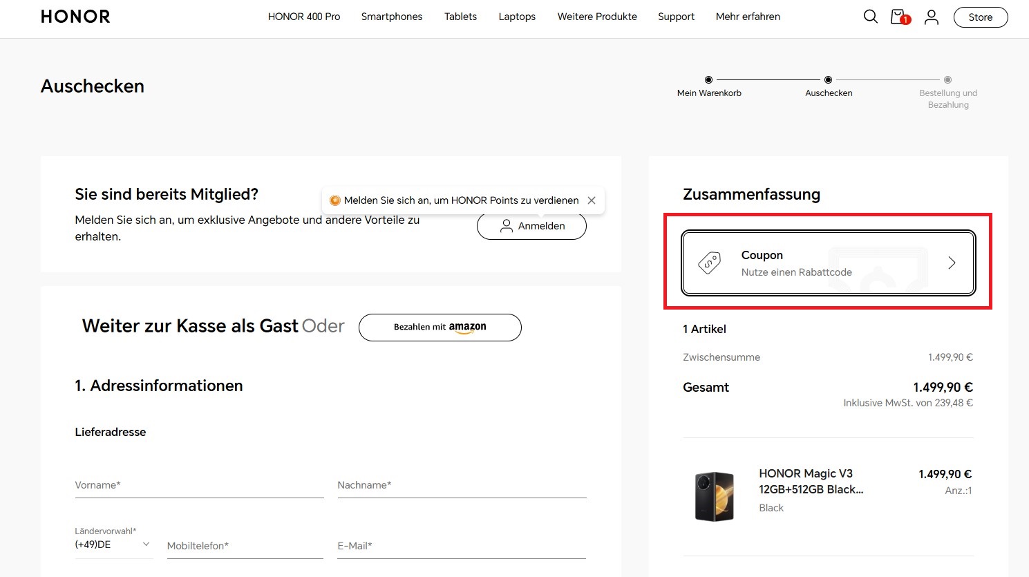 Honor Coupon-Code einloesen