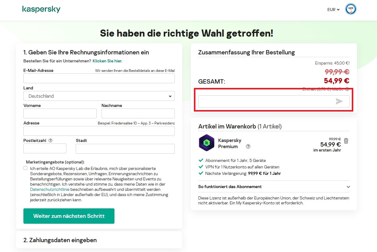 Kaspersky Gutscheincode einloesen