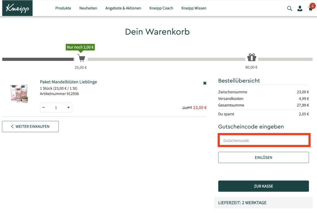 Kneipp Gutscheincode eingeben