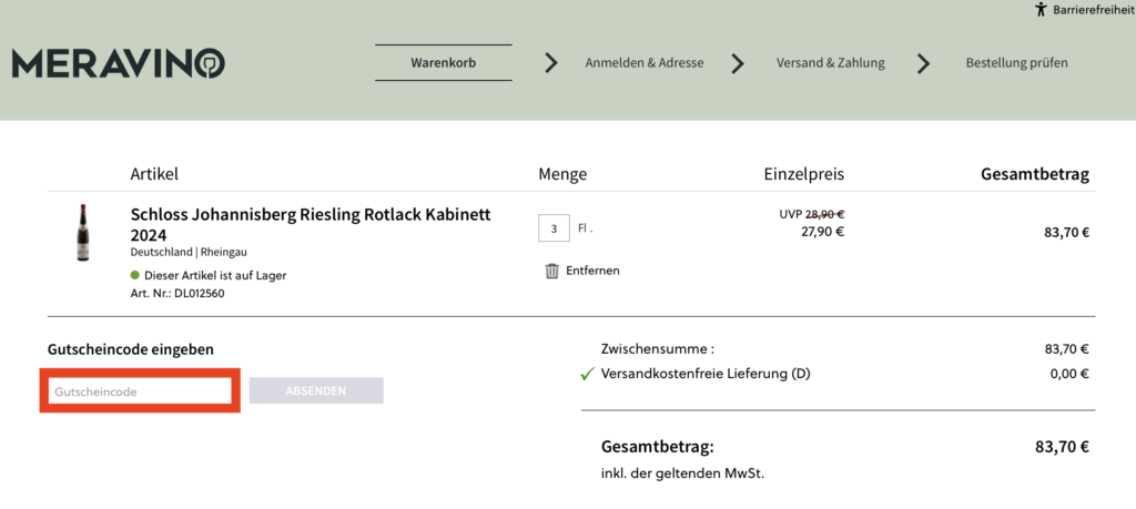 Meravino Gutscheicode eingeben