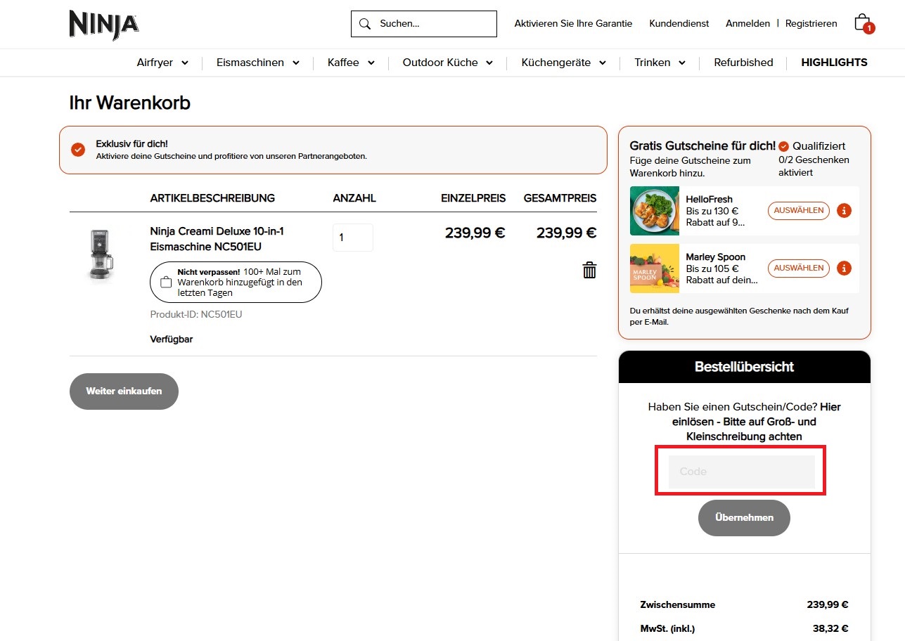 Ninja Kitchen Code einloesen