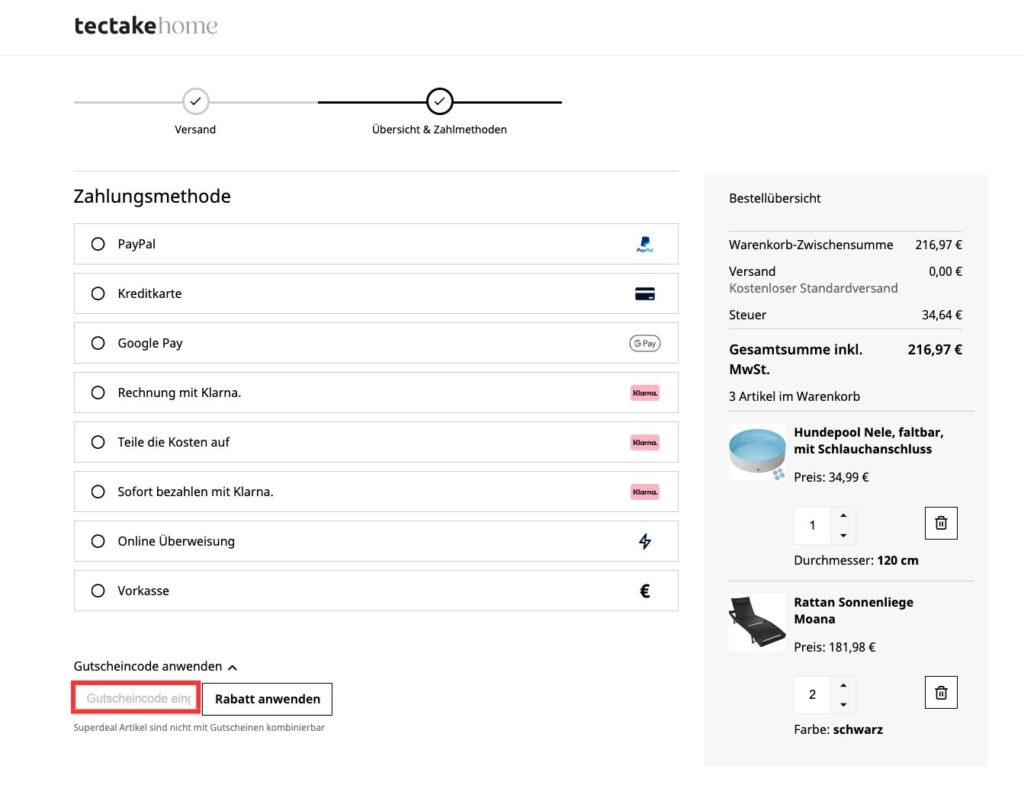 TecTake Gutscheincode einloesen