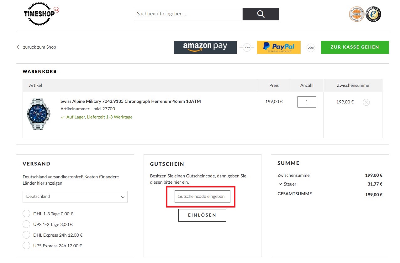 Timeshop24 Gutscheincode einloesen