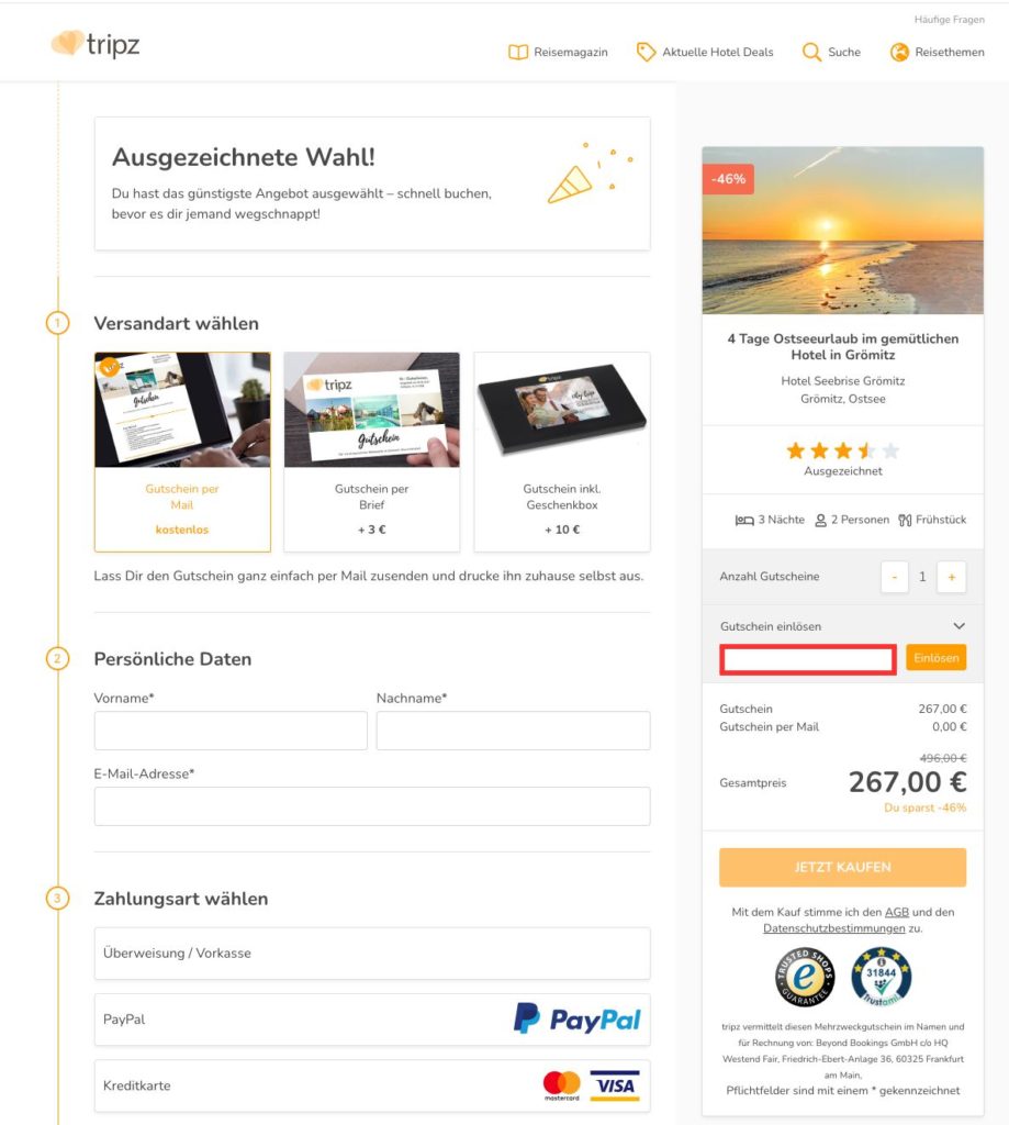 Tripz Gutschein einloesen
