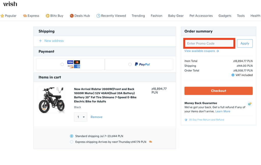 Wish Promocode einfuegen