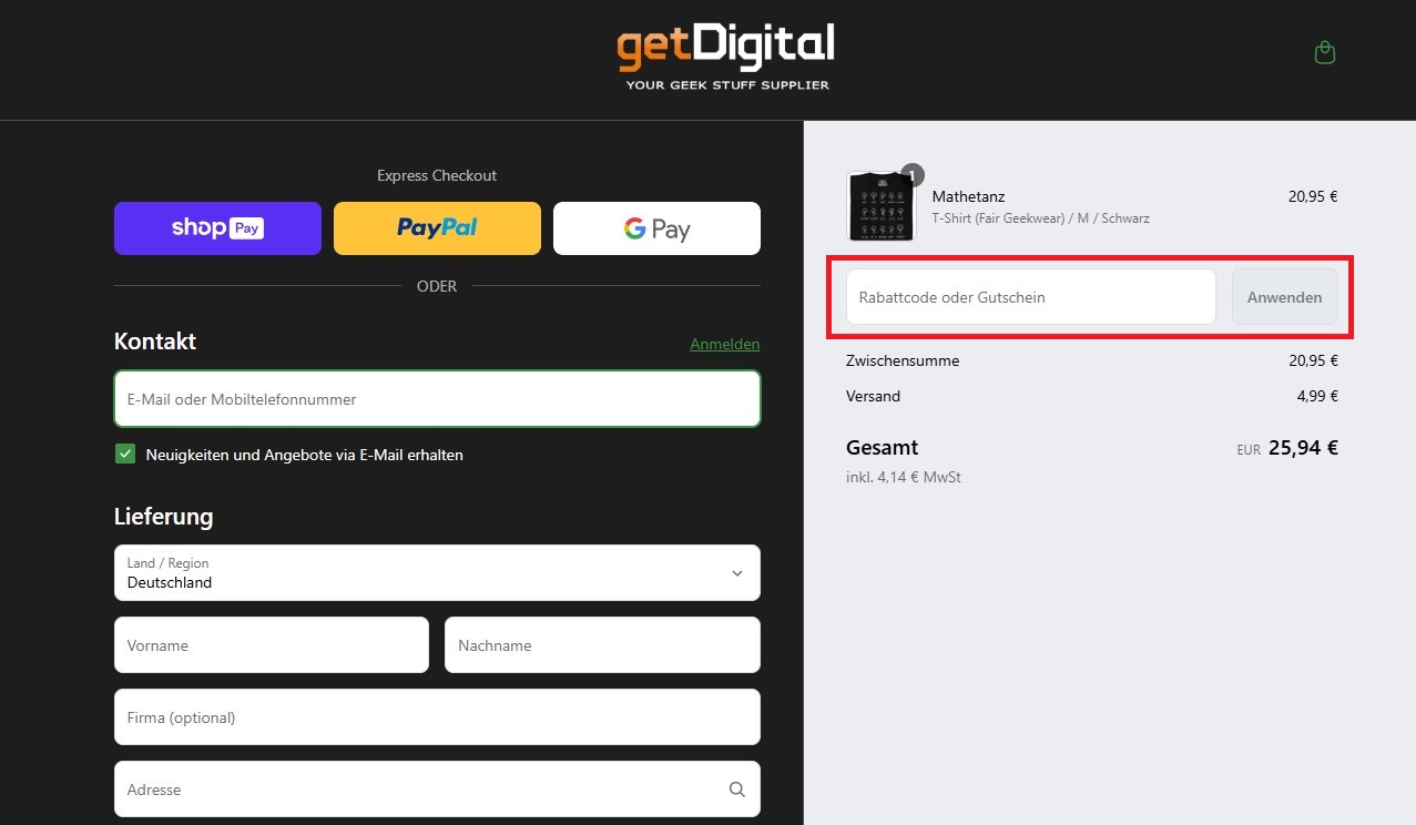 getDigital Rabattcode einloesen
