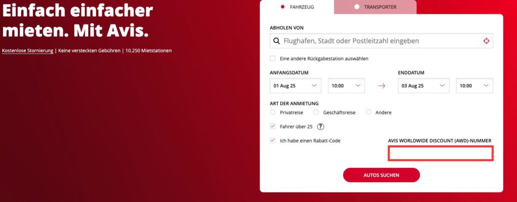 AVIS Rabatt-Code einloesen