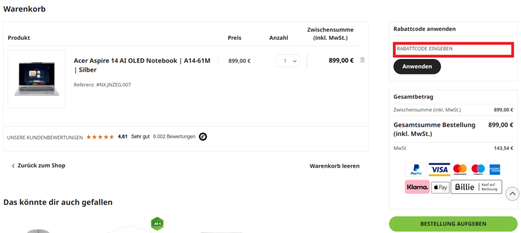 Acer Rabattcode einloesen