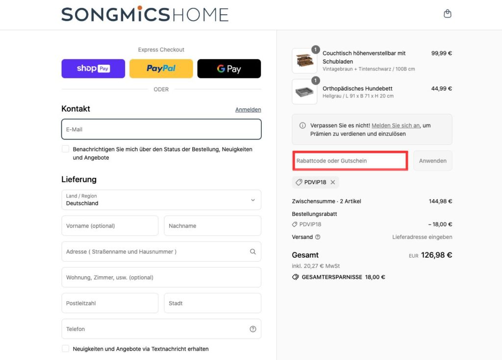 Songmics Rabattcode einloesen