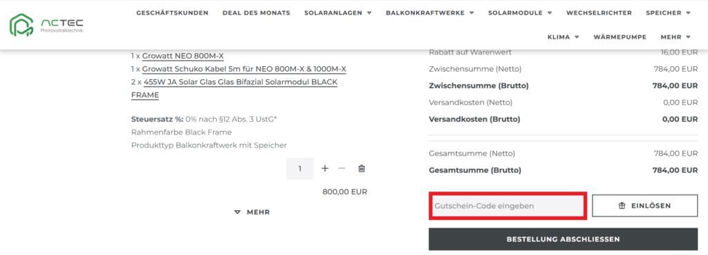 Actec Gutschein-Code eingeben