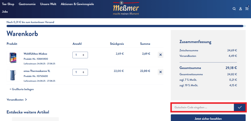 Messmer Gutschein-Code eingeben