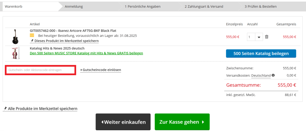 Music Store Aktionscode eingeben