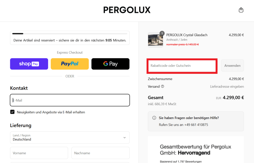 Pergolux Rabattcode eingeben
