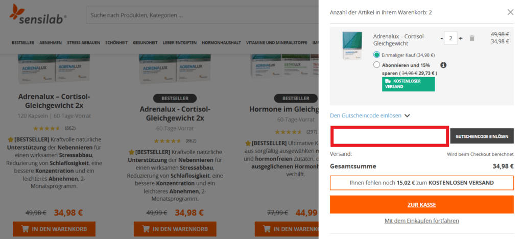 Sensilab Gutscheincode eingeben