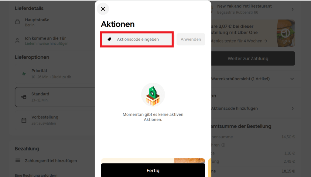 Uber Eats Aktionscode eingeben
