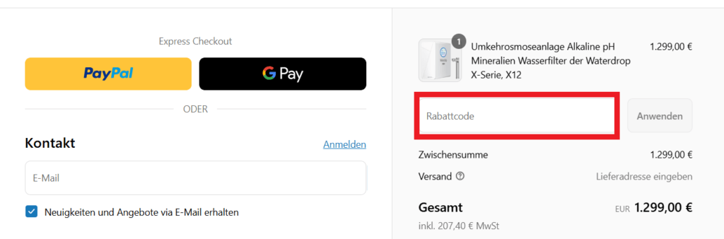 Waterdrop Rabattcode eingeben