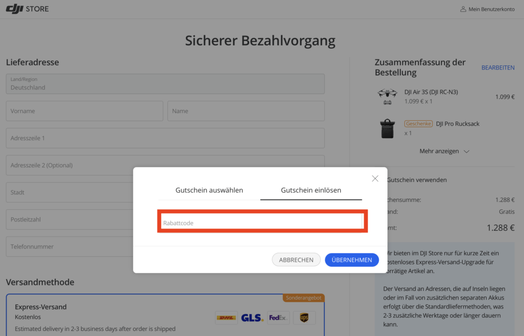 DJI Rabattcode uebernehmen