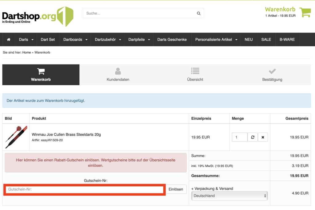 Dartshop Gutschein einloesen