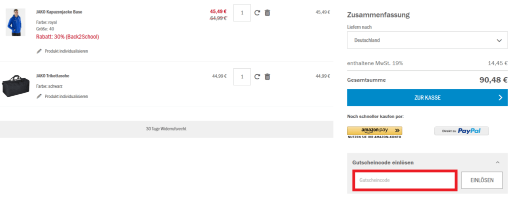 JAKO Gutscheincode eingeben