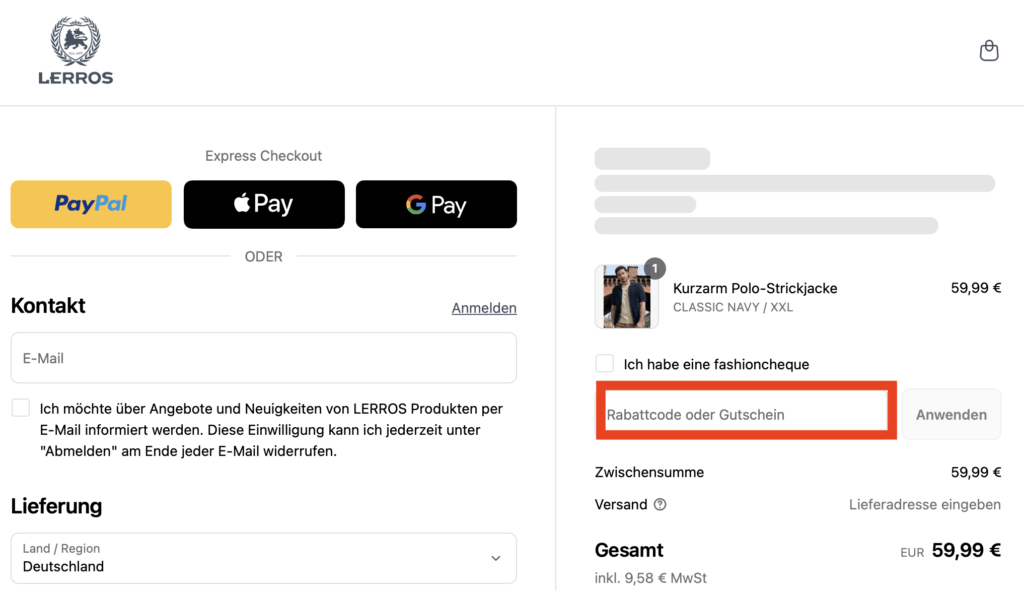 LERROS Rabattcode anwenden