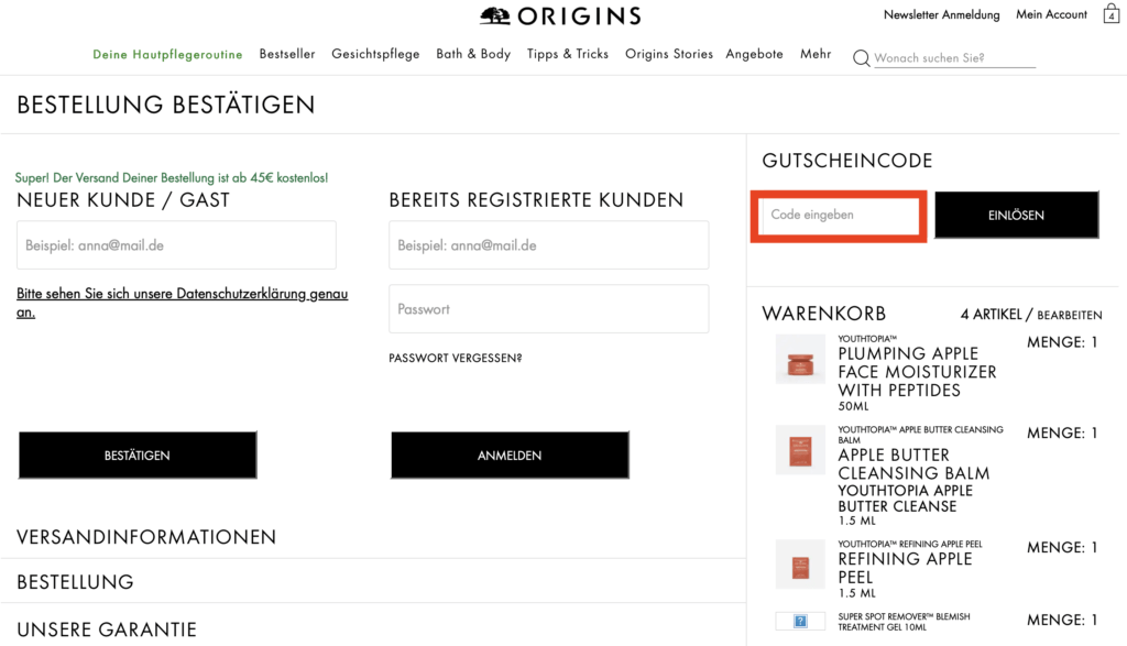 Origins Code eingeben