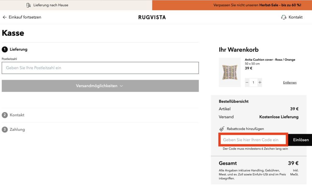 Rugvista Rabattcode einloesen