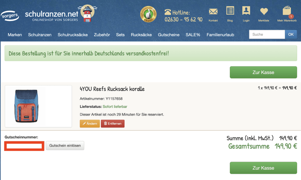 Schulranzen.net Gutschein einloesen