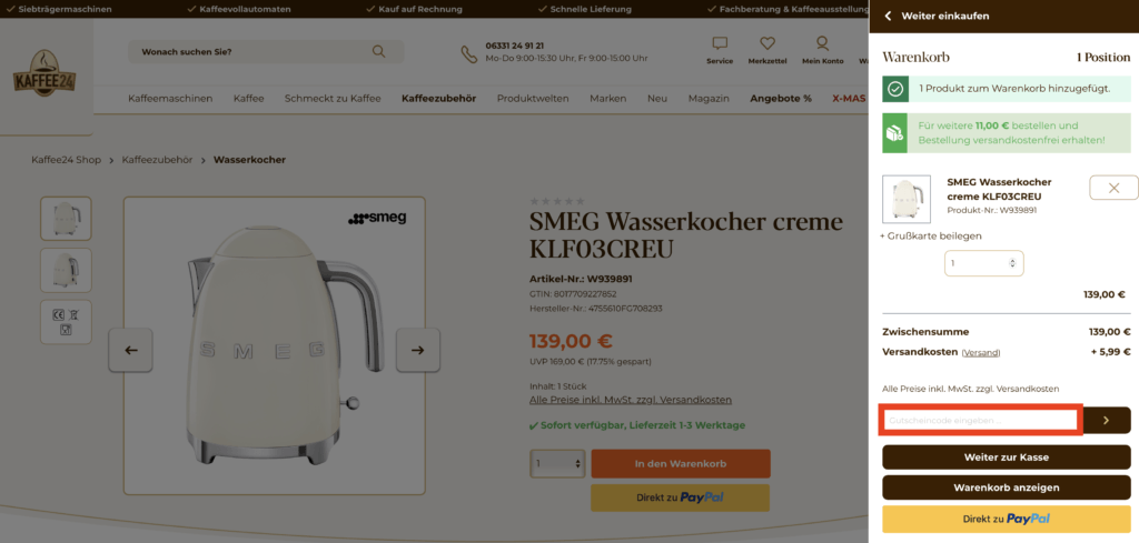 Kaffee24 Gutscheincode eingeben