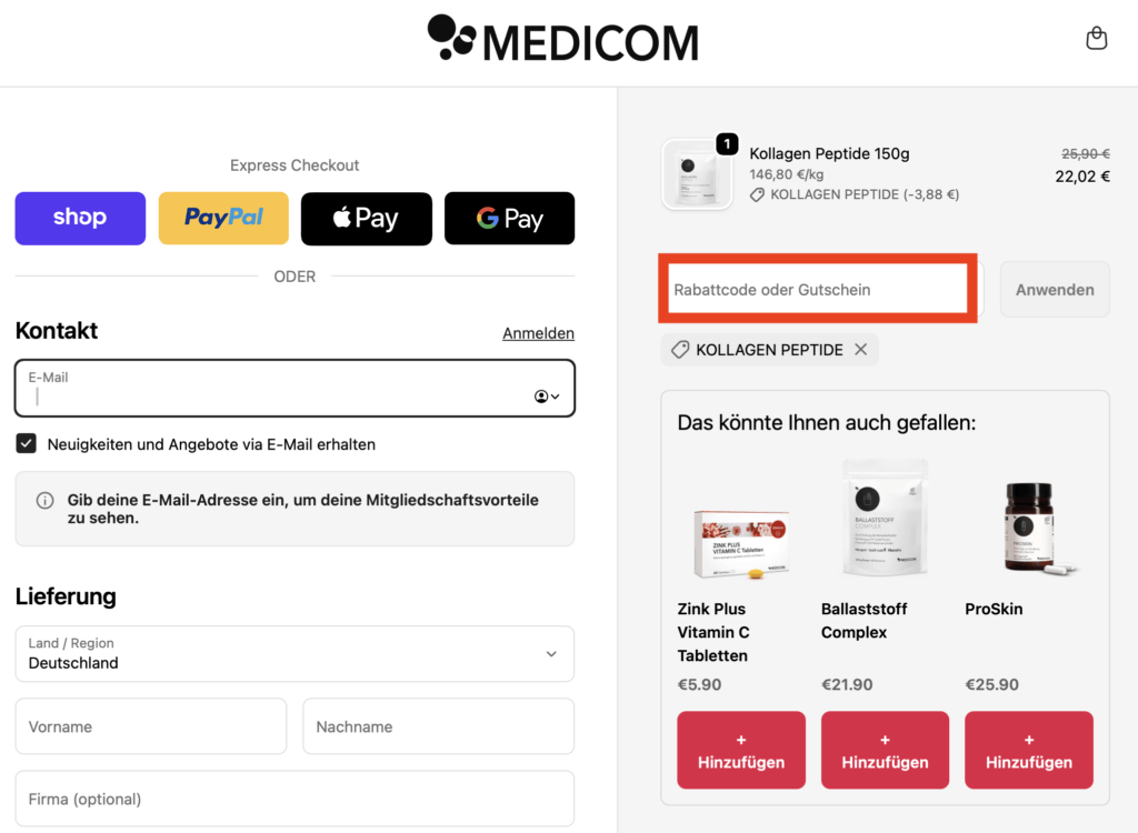 MEDICOM Rabattcode anwenden