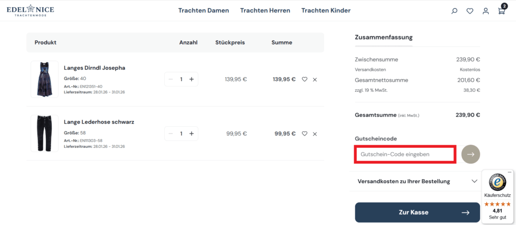 Edelnice Rabattcode eingeben