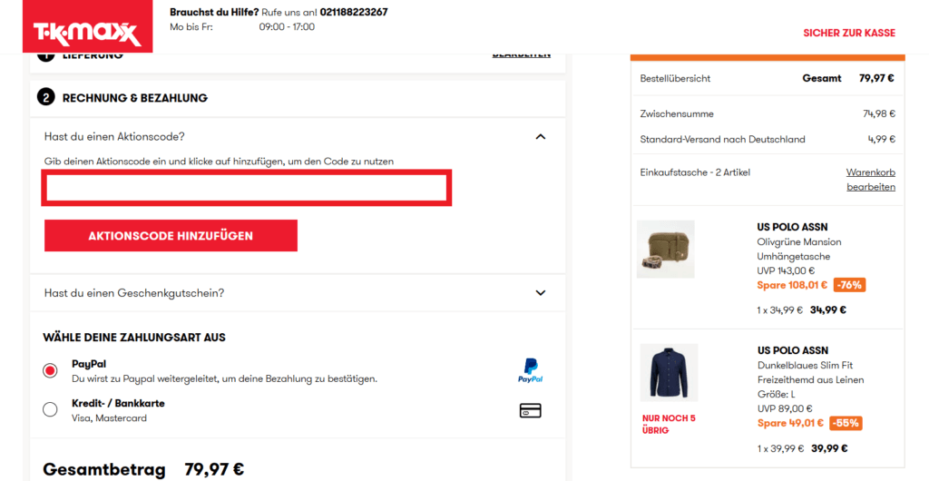 TK Maxx Aktionscode eingeben
