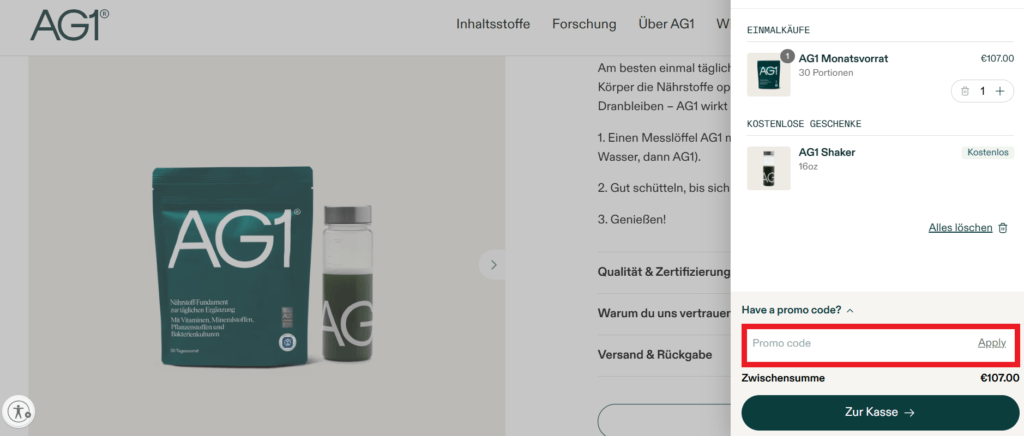 AG1 Promo Code eingeben