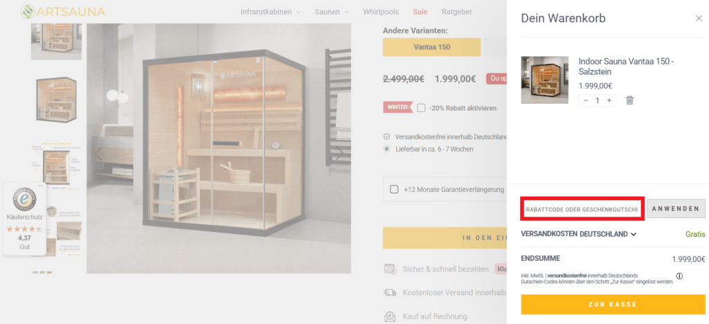 Artsauna Gutscheincode eingeben