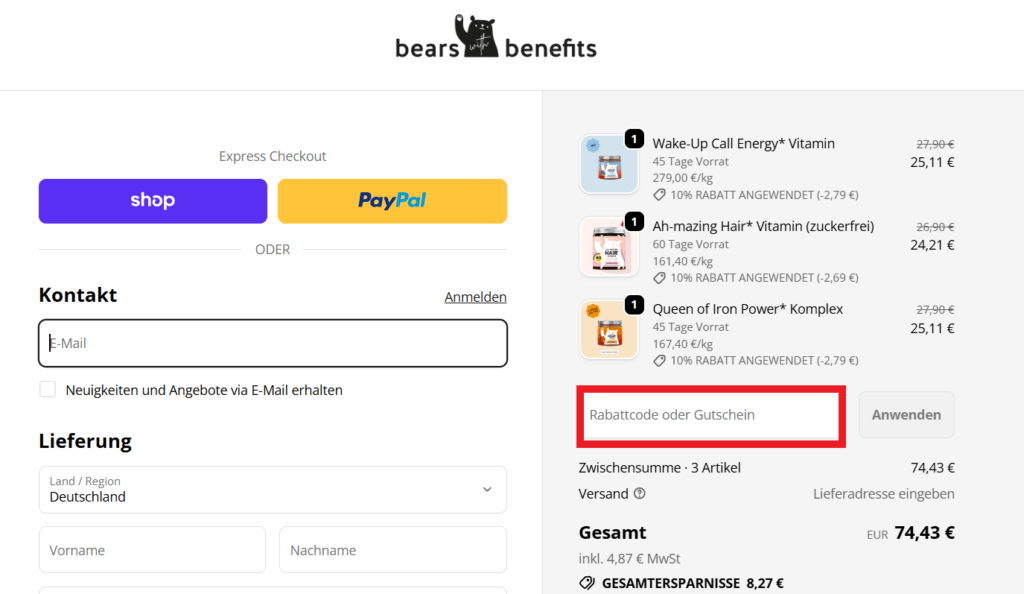 Bears with Benefits Rabattcode eingeben