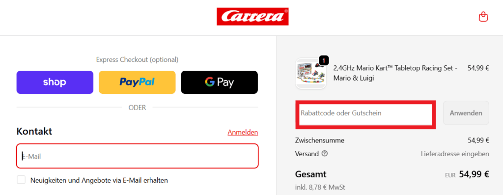Carrera Rabattcode eingeben