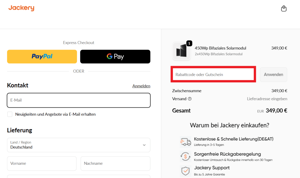 Jackery Rabattcode eingeben