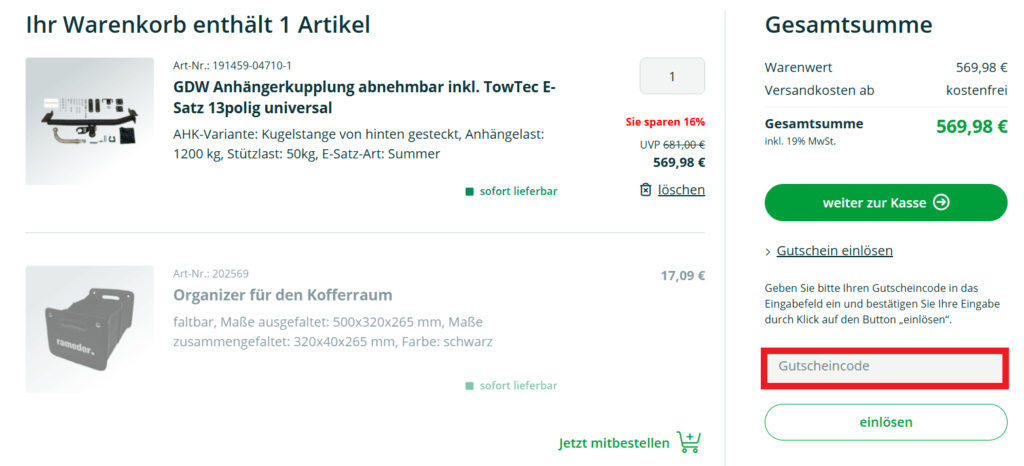 Rameder Gutscheincode eingeben