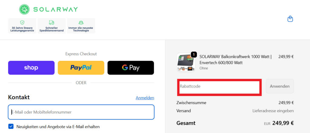 Solarway Rabattcode eingeben