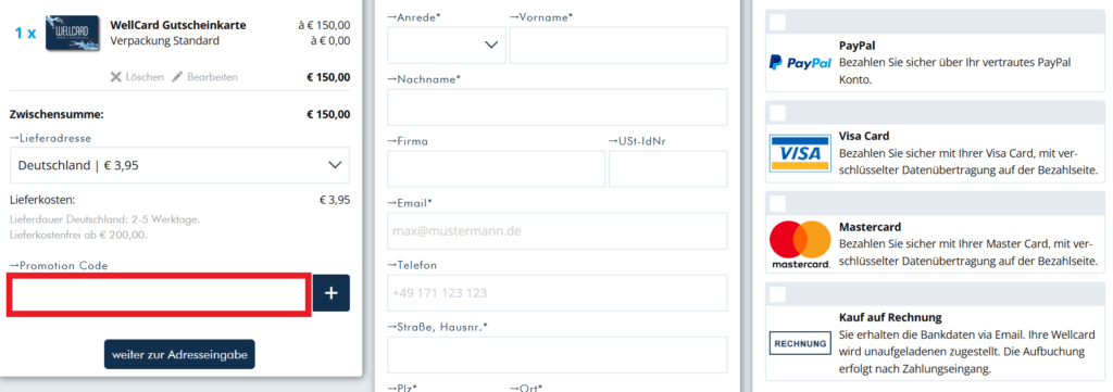 WellCard Promotion Code eingeben