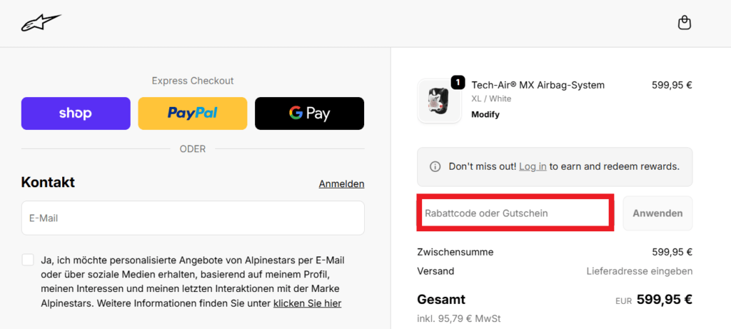 Alpinestars Rabattcode eingeben