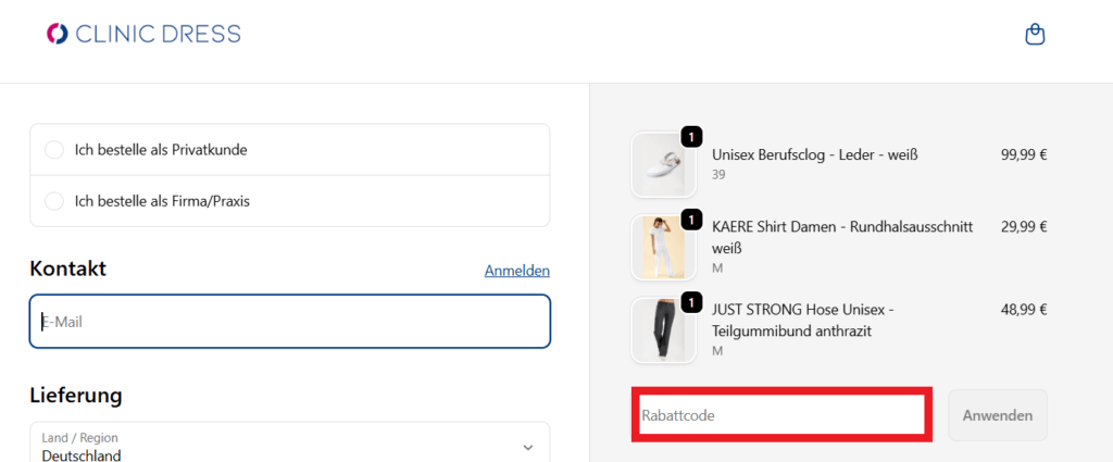 CLINIC DRESS Rabattcode eingeben
